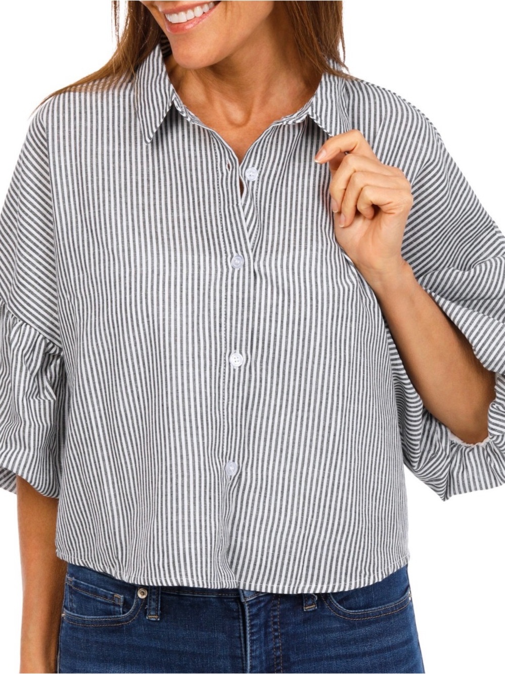 Striped Button-Front Blouse in Gray and White - Casual Collared Top